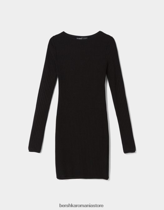 Bershka femei rochie mini cu mâneci lungi cu nervuri negru Z86D284 îmbrăcăminte