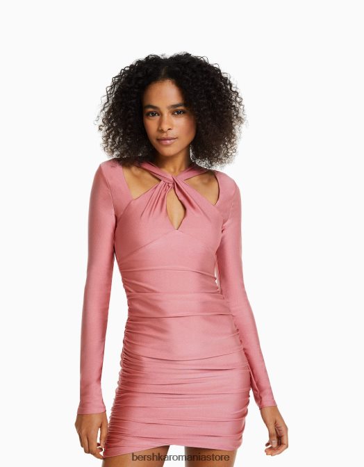 Bershka femei rochie mini cu maneca lunga cu bretele incrucisate roz Z86D213 îmbrăcăminte