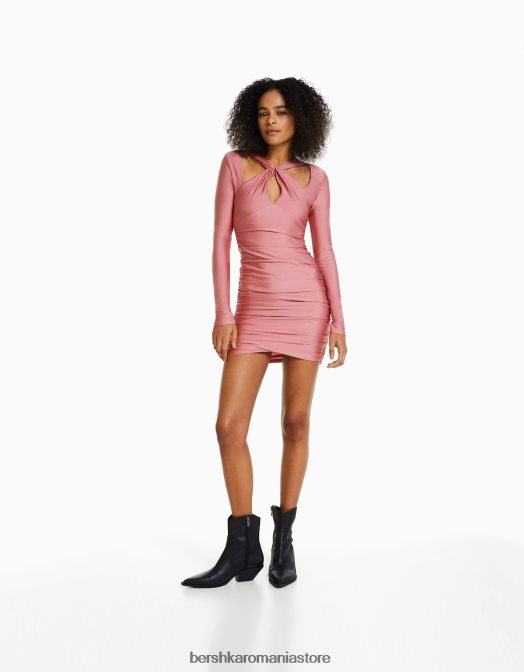 Bershka femei rochie mini cu maneca lunga cu bretele incrucisate roz Z86D213 îmbrăcăminte