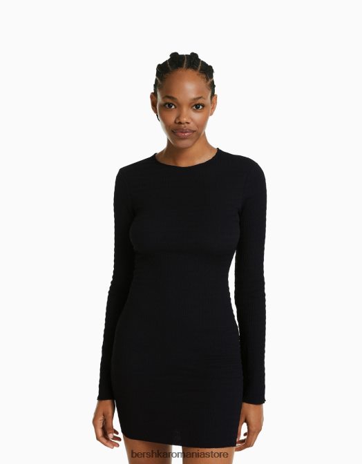 Bershka femei rochie mini cu maneca lunga, cu deschidere la spate si fundita negru Z86D230 îmbrăcăminte
