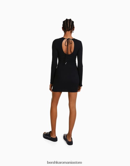 Bershka femei rochie mini cu maneca lunga, cu deschidere la spate si fundita negru Z86D230 îmbrăcăminte
