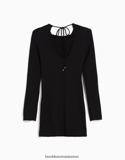 Bershka femei rochie mini cu maneca lunga, cu deschidere la spate si fundita negru Z86D4104 îmbrăcăminte