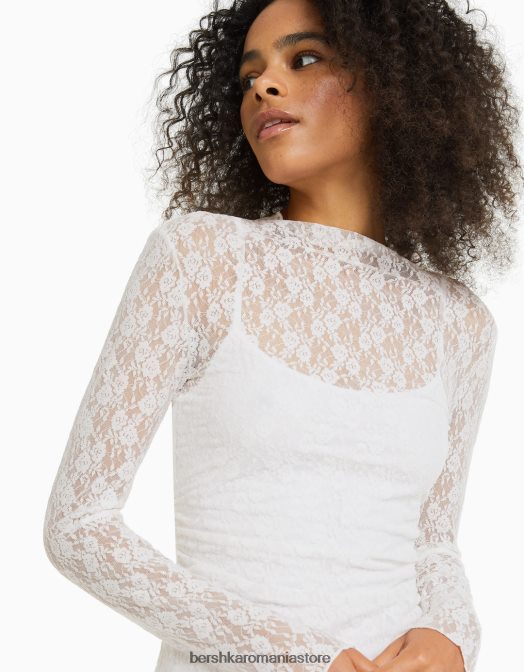 Bershka femei rochie mini cu maneca lunga din dantela blonda cu detaliu decolteu cremă Z86D214 îmbrăcăminte