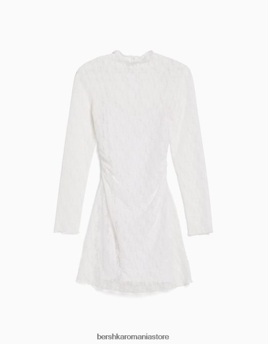 Bershka femei rochie mini cu maneca lunga din dantela blonda cu detaliu decolteu cremă Z86D214 îmbrăcăminte