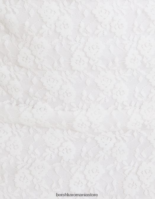 Bershka femei rochie mini cu maneca lunga din dantela blonda cu detaliu decolteu cremă Z86D214 îmbrăcăminte