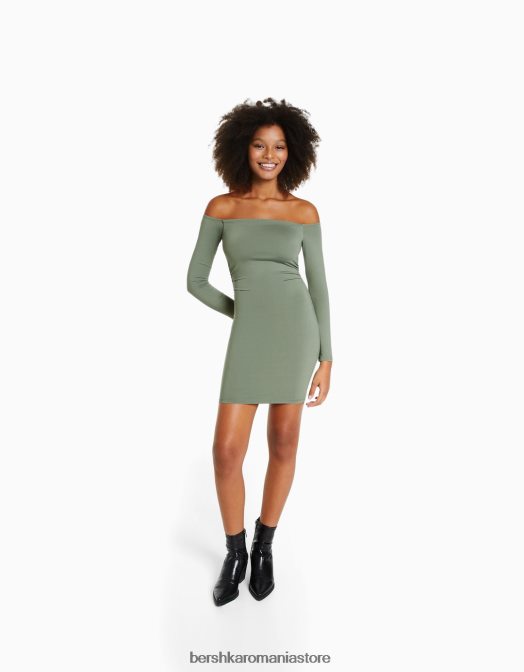 Bershka femei rochie mini cu maneca lunga kaki Z86D91 îmbrăcăminte