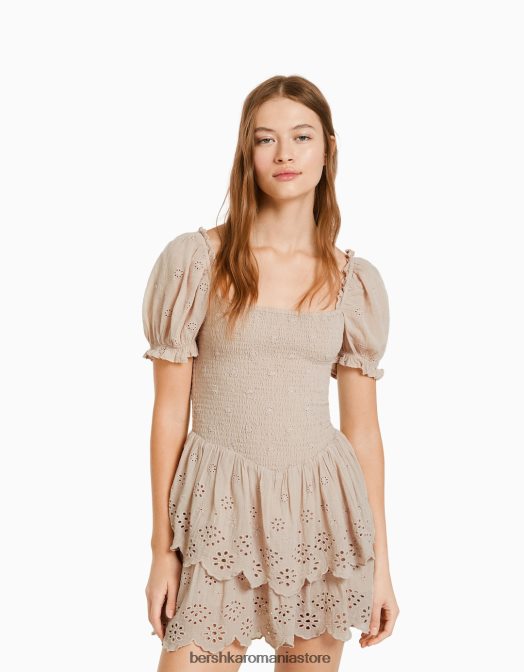 Bershka femei rochie mini cu maneca scurta broderie elvetiana cu volane roz Z86D180 îmbrăcăminte