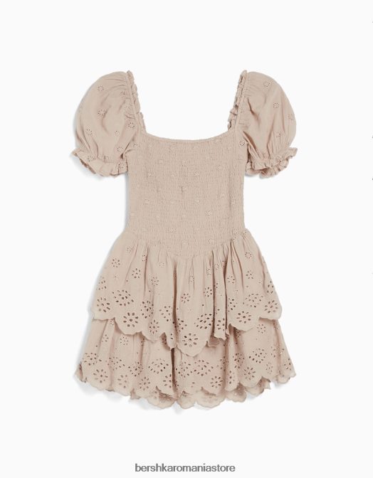 Bershka femei rochie mini cu maneca scurta broderie elvetiana cu volane roz Z86D180 îmbrăcăminte