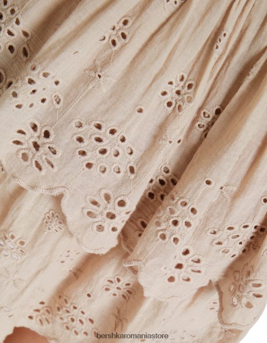 Bershka femei rochie mini cu maneca scurta broderie elvetiana cu volane roz Z86D180 îmbrăcăminte