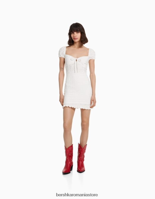 Bershka femei rochie mini cu maneca scurta cu broderie elvetiana cremă Z86D101 îmbrăcăminte