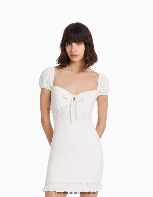 Bershka femei rochie mini cu maneca scurta cu broderie elvetiana cremă Z86D101 îmbrăcăminte