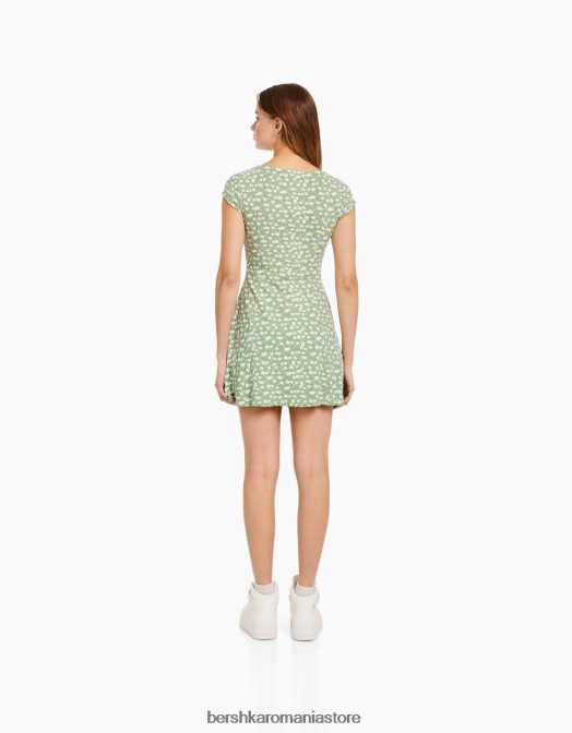 Bershka femei rochie mini cu maneca scurta imprimata cu decolteu verde Z86D272 îmbrăcăminte