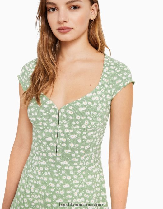 Bershka femei rochie mini cu maneca scurta imprimata cu decolteu verde Z86D272 îmbrăcăminte