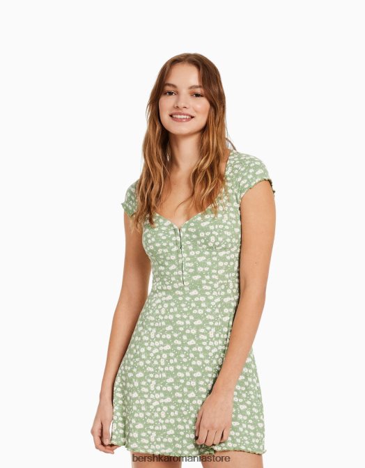 Bershka femei rochie mini cu maneca scurta imprimata cu decolteu verde Z86D272 îmbrăcăminte