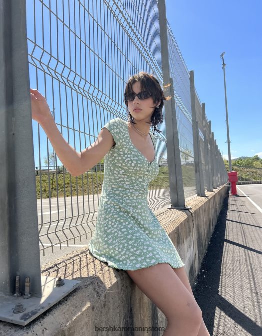 Bershka femei rochie mini cu maneca scurta imprimata cu decolteu verde Z86D272 îmbrăcăminte