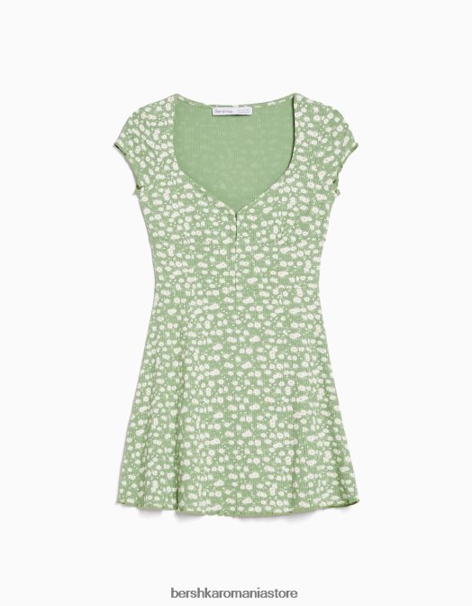 Bershka femei rochie mini cu maneca scurta imprimata cu decolteu verde Z86D272 îmbrăcăminte