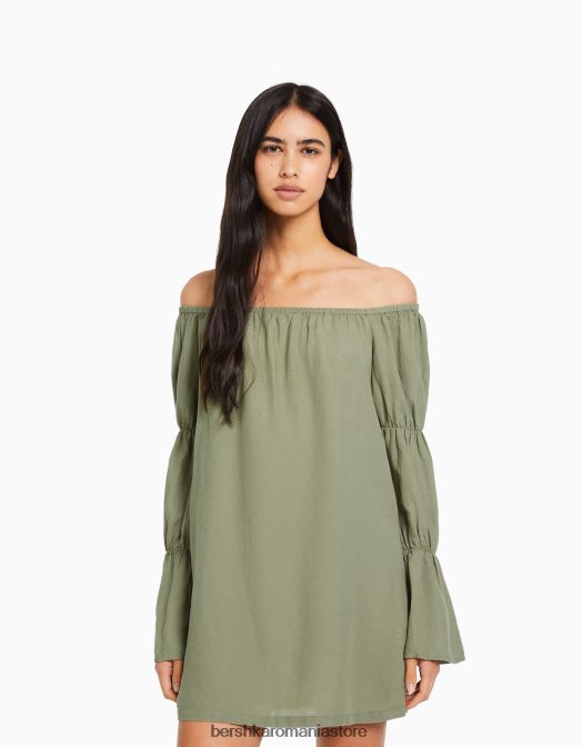 Bershka femei rochie mini cu maneci lungi din amestec de in, cu adunare kaki Z86D264 îmbrăcăminte