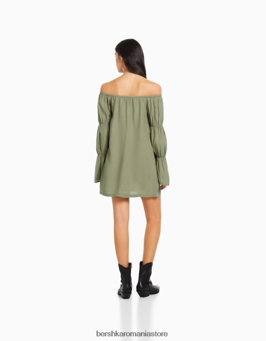 Bershka femei rochie mini cu maneci lungi din amestec de in, cu adunare kaki Z86D264 îmbrăcăminte