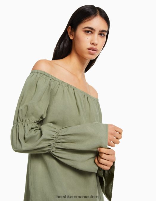 Bershka femei rochie mini cu maneci lungi din amestec de in, cu adunare kaki Z86D264 îmbrăcăminte