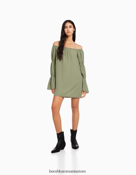 Bershka femei rochie mini cu maneci lungi din amestec de in, cu adunare kaki Z86D264 îmbrăcăminte