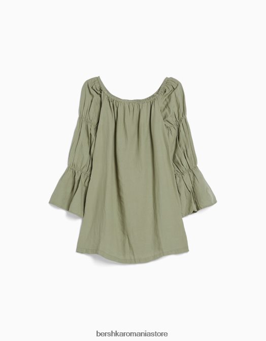 Bershka femei rochie mini cu maneci lungi din amestec de in, cu adunare kaki Z86D264 îmbrăcăminte