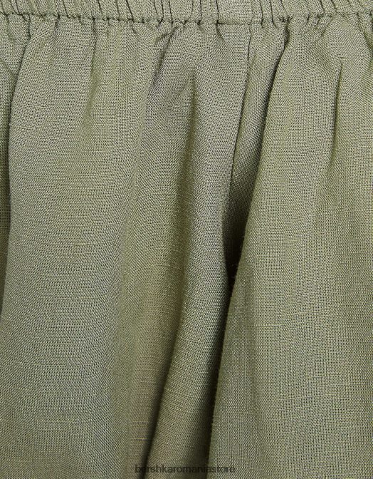 Bershka femei rochie mini cu maneci lungi din amestec de in, cu adunare kaki Z86D264 îmbrăcăminte