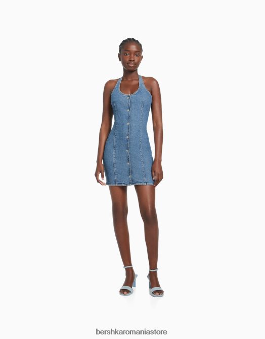 Bershka femei rochie mini din denim cu nasturi albastru deschis Z86D188 îmbrăcăminte