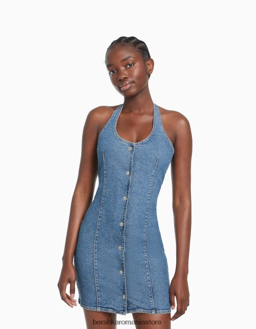 Bershka femei rochie mini din denim cu nasturi albastru deschis Z86D188 îmbrăcăminte