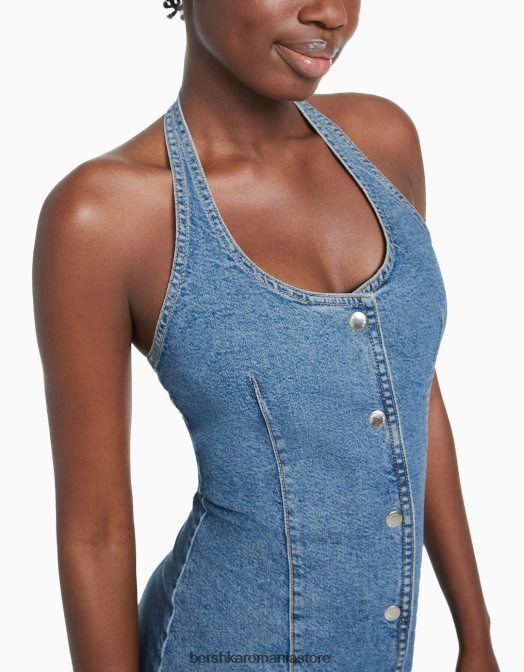 Bershka femei rochie mini din denim cu nasturi albastru deschis Z86D188 îmbrăcăminte