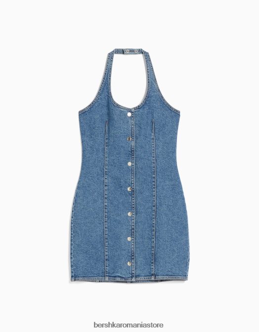 Bershka femei rochie mini din denim cu nasturi albastru deschis Z86D188 îmbrăcăminte