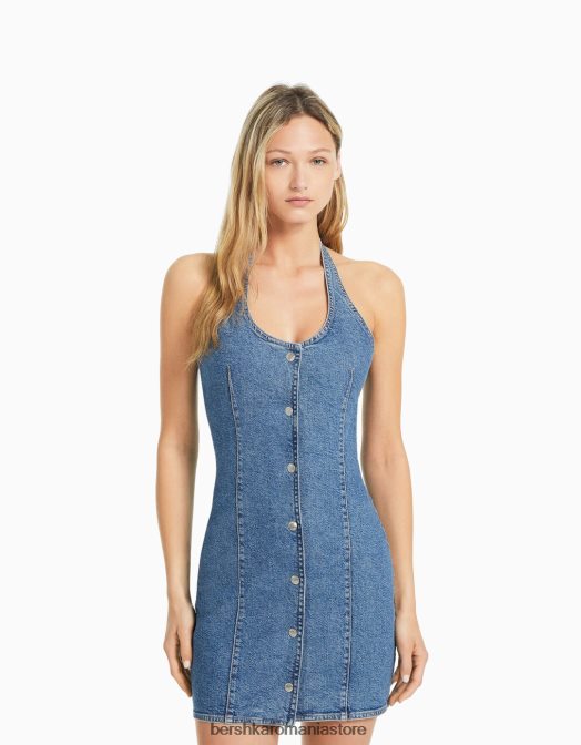 Bershka femei rochie mini din denim cu nasturi albastru deschis Z86D1948 îmbrăcăminte