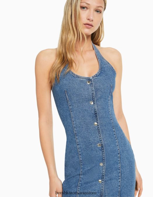Bershka femei rochie mini din denim cu nasturi albastru deschis Z86D1948 îmbrăcăminte