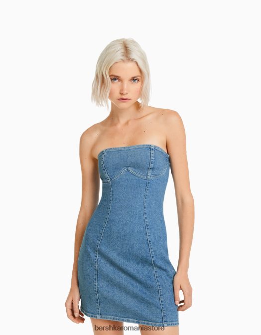 Bershka femei rochie mini din denim cu umăr dezactivat albastru deschis Z86D1827 îmbrăcăminte