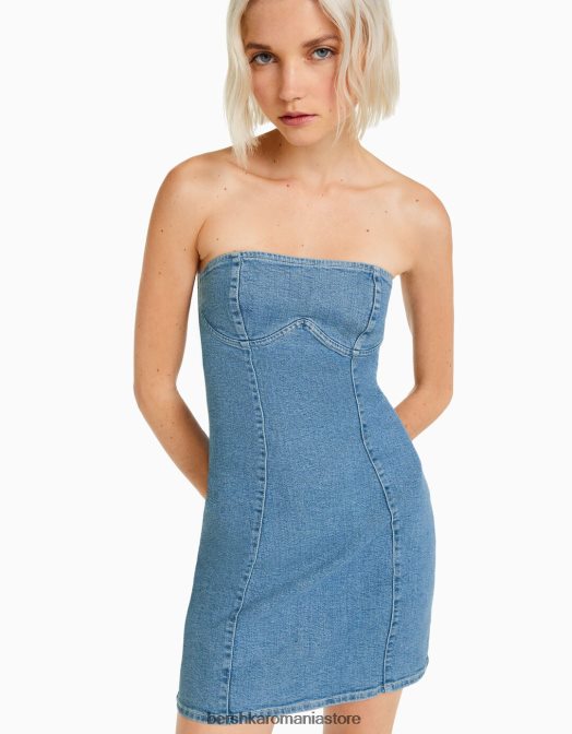 Bershka femei rochie mini din denim cu umăr dezactivat albastru deschis Z86D1827 îmbrăcăminte