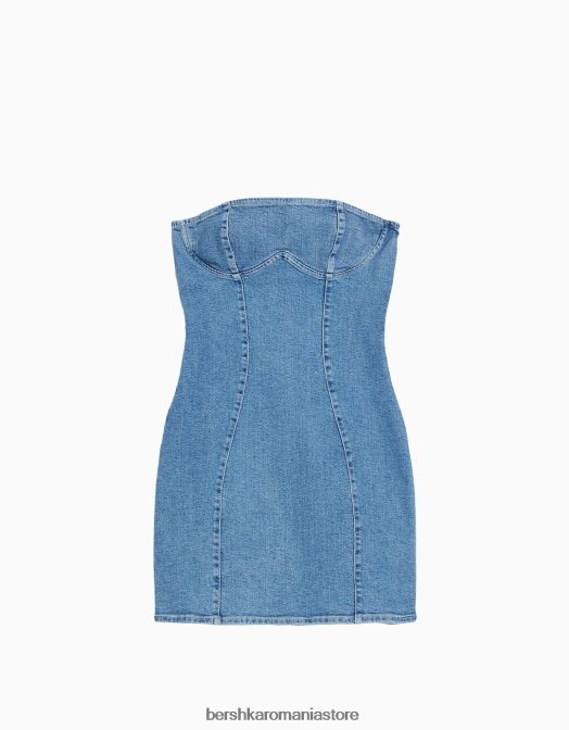 Bershka femei rochie mini din denim cu umăr dezactivat albastru deschis Z86D1827 îmbrăcăminte