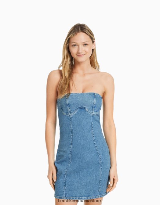 Bershka femei rochie mini din denim cu umăr dezactivat albastru deschis Z86D1947 îmbrăcăminte