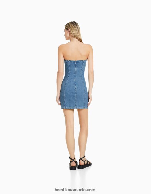Bershka femei rochie mini din denim cu umăr dezactivat albastru deschis Z86D1947 îmbrăcăminte
