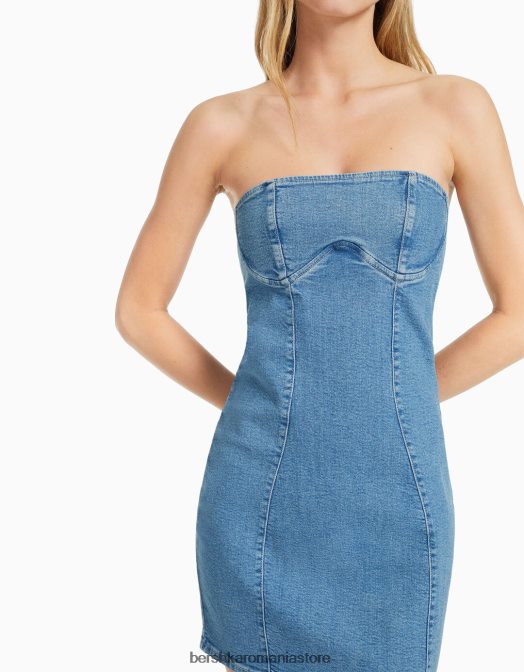 Bershka femei rochie mini din denim cu umăr dezactivat albastru deschis Z86D1947 îmbrăcăminte
