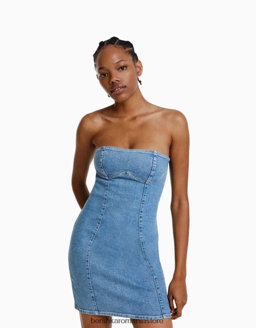 Bershka femei rochie mini din denim cu umăr dezactivat albastru deschis Z86D1977 îmbrăcăminte