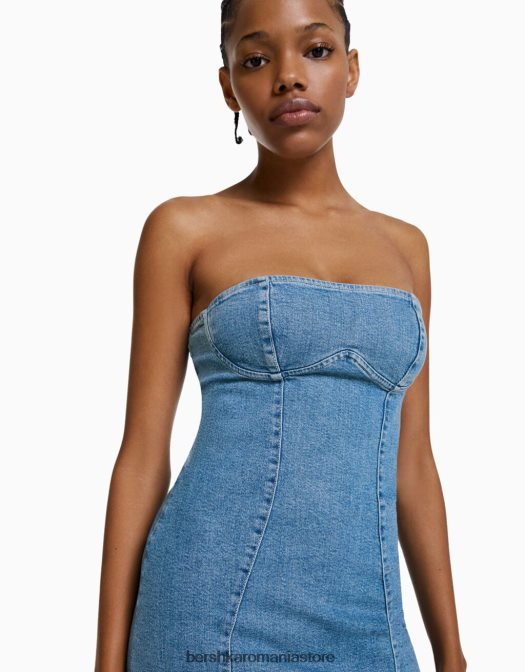 Bershka femei rochie mini din denim cu umăr dezactivat albastru deschis Z86D1977 îmbrăcăminte