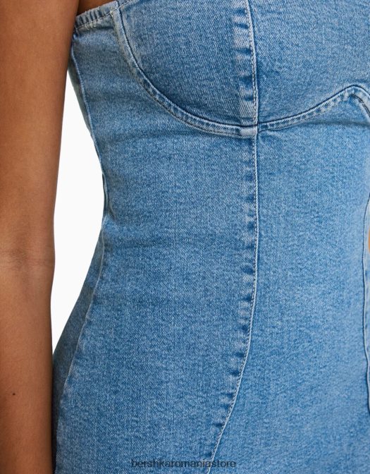 Bershka femei rochie mini din denim cu umăr dezactivat albastru deschis Z86D1977 îmbrăcăminte