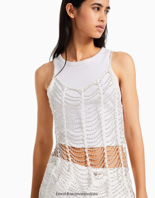 Bershka femei rochie mini din plasă cu bretele cu strasuri cremă Z86D140 îmbrăcăminte