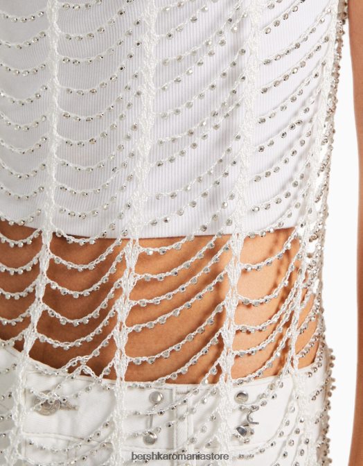 Bershka femei rochie mini din plasă cu bretele cu strasuri cremă Z86D140 îmbrăcăminte