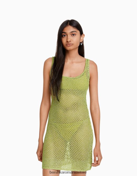 Bershka femei rochie mini din plasă cu bretele strălucitoare verde Z86D170 îmbrăcăminte