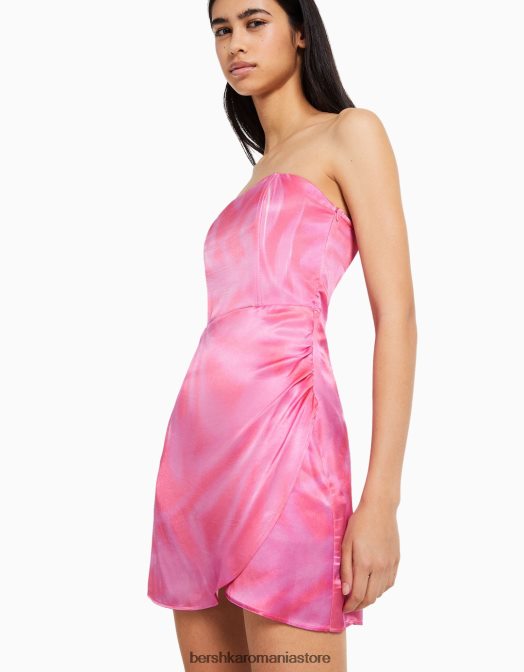 Bershka femei rochie mini din satin fără umeri fucsie Z86D104 îmbrăcăminte