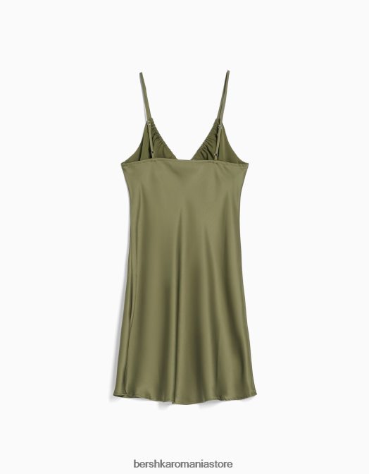 Bershka femei rochie mini din satin fluid cu bretele cu adunare kaki Z86D70 îmbrăcăminte