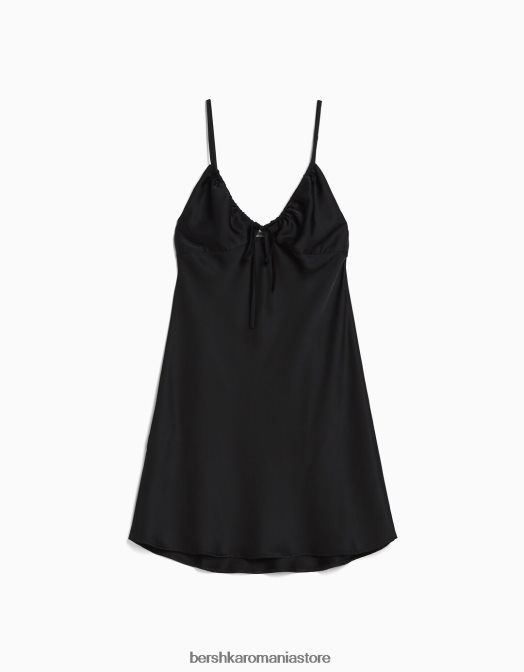 Bershka femei rochie mini din satin fluid cu bretele cu adunare negru Z86D68 îmbrăcăminte