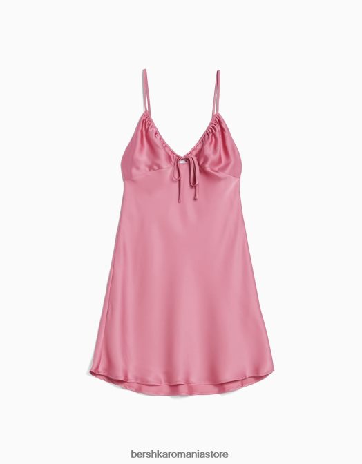 Bershka femei rochie mini din satin fluid cu bretele cu adunare roz Z86D4110 îmbrăcăminte