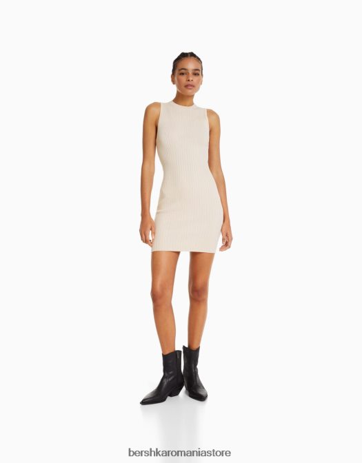 Bershka femei rochie mini din tricot cu nervuri cremă Z86D244 îmbrăcăminte