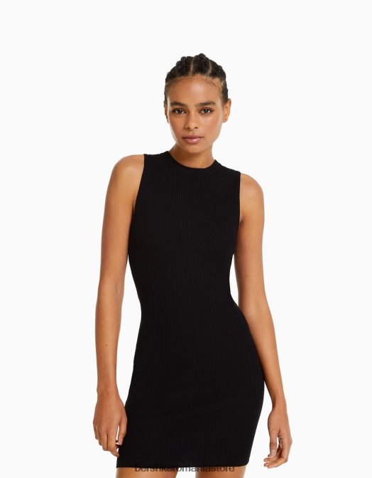 Bershka femei rochie mini din tricot cu nervuri negru Z86D243 îmbrăcăminte